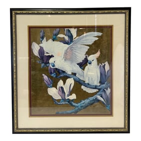 Vintage Palm Beach Regency Framed Cockatoos on Cup of Gold Vine Reproduction Print
