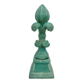 Large Fleur De-Lis Crackle Glaze Turquoise Sculpture