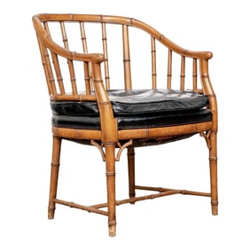 1930s Joseph Giannnola Faux Bamboo Regency Style Chair With Black Leather Cushion