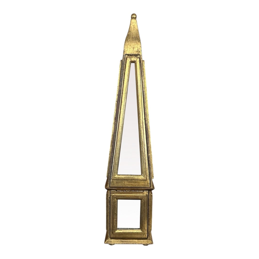 Vintage Florentine Obelisk: Great accent piece. A little piece of Italy for your home. The shape is classic obelisk and the sides are encased in gilt gold wood holing what looks like antiqued mirrors. but maybe reverse painted.