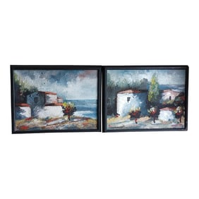 Pair Landscape Coastal Paintings Greece or Greek Islands Vintage