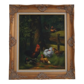Chickens in the Field Artist Signed Oil Painting on Canvas