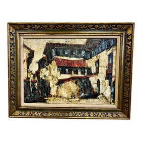 Vintage Outsider Art Impasto Oil Painting of Expressionist Village Street Scene Signed