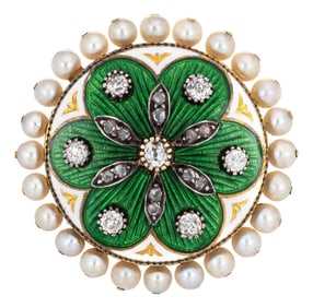Vintage Diamond Pearl Ring Green Enamel Large Round Cocktail 14k Gold Sz 5