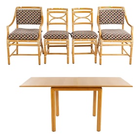 1970s Vintage McGuire Rattan Games Flip Top Extension Dining Table and Four Chair Dining Room Set of