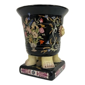 Vintage Chinoiserie Porcelain Footed Vase With Lion Heads