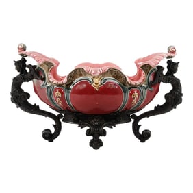 Early 20th Century French Majolica and Figural Cast Metal Jardinière