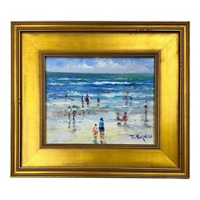 Contemporary Coastal Beach Painting by J. Morgan, Custom Gold Frame