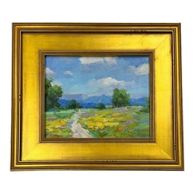 Colorful Meadow Landscape Oil Painting, Displayed in an Antiqued Gold Wood Frame