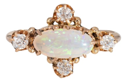 Late 18th Century Antique Victorian Opal Diamond Ring Size 5 14k Yellow Gold East West Jewelry