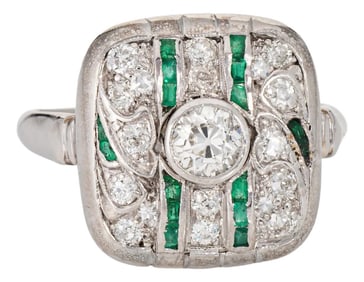 1920s Vintage Art Deco Diamond Emerald Ring Size 8.25 14k Gold Square Cocktail Jewelry