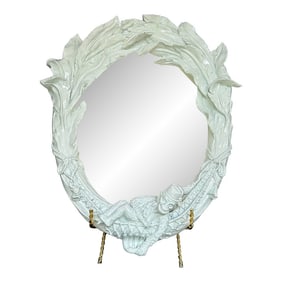 Vintage Palm Beach Regency Gloss White Monkey Accent Table Mirror With Banana Leaf Design - Newly Pa