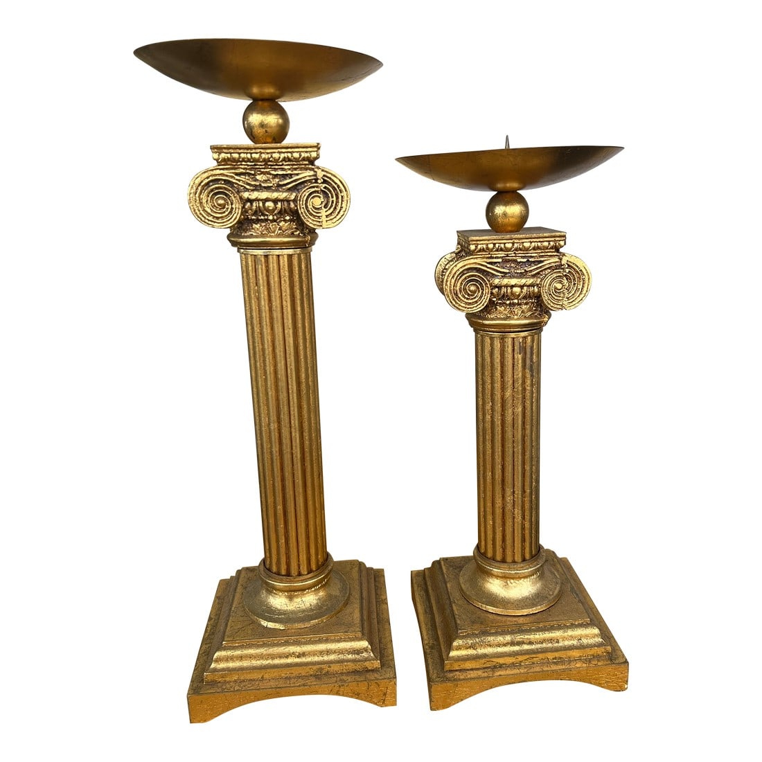 Late 20th Century Gold Pillar Candle Holders- a Pair: Pair of gold candlestick holders. Vintage Neoclassical style Gold gilded in gold. The tall Corithian Column Pillar Candlesticks Holders are at 2 different heights. The base on both are 6""x6"" . One s