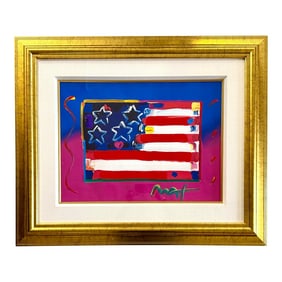 Signed Peter Max "Flag With Heart" Original Painting