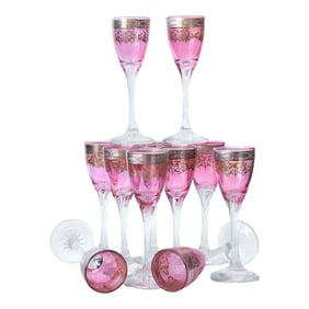 1920s Platinum & Cranberry Flash Stems, 11pcs