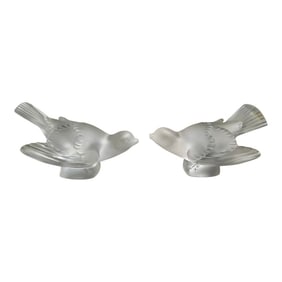 1990s Lalique Frosted Crystal Sparrow Bird Figurines- Set of 2