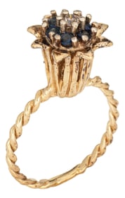 1960s Sapphire Diamond Tulip Ring Vintage 14k Yellow Gold Stacking Band Estate Jewelry, Size 5.75