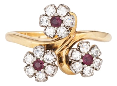 60s Vintage Jabel Ring Diamond Ruby 3 Flower Posey Cluster Sz 6.75 18k Gold