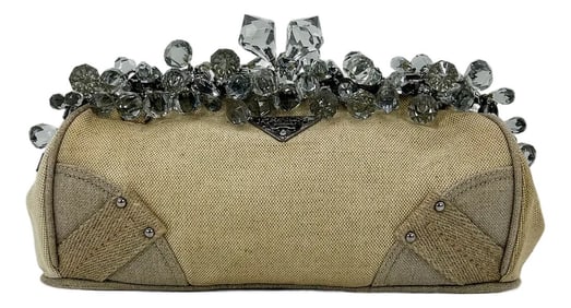 Prada Mistolino Natural Canvas Crystal Beaded Top Pochette