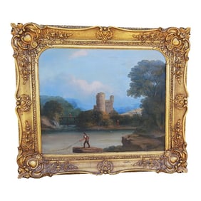 Antique 19th C. European Oil Painting Landscape Ruins Bridge and FIgures