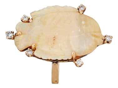1970s Vintage Carved Opal Fish Ring Diamond 14k Yellow Gold Size 11 Estate Fine Jewelry