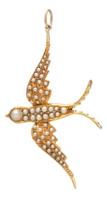 14KY Victorian Pearl Encrusted Swallow Bird Pendant