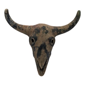 Vintage Ceramic Bull Skull Wall Hanging – Handcrafted Folk Art With Distressed Patina
