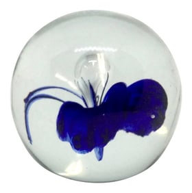 1980s Ball Cobalt Water Lily Design Crystal Paperweight