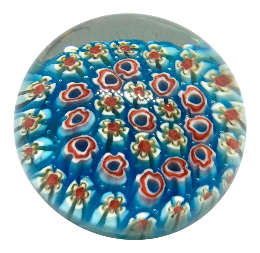 1980s Italian Milleflora Round Glass Paperweight: Colorful and in wonderful vintage condition with no repairs. Made in Italy and purchased from an Vintage shop in the 80's so it's possible it's much older. No marking but clearly it's a Murano or a Ma