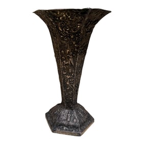 European Peasant Motif Silverplated on Repousse Copper Vase Late 1800s