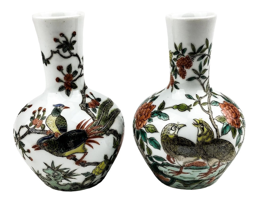 Chinese Antique Porcelain Bud Vases - a Pair: Bird Themed Bud vases probably from the 1920s. A combination of transfer-Ware and hand painting. These vases are not identical but thought they complimented each other. One vase is 1/8 inch taller and