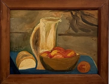 Mid-Century Still Life Oil Painting by v. Sloan – Bread, Peaches & Pitcher