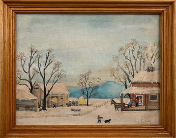 Folk Art Winter Farm Scene by Constantine, 1971 – Snowy Americana Landscape