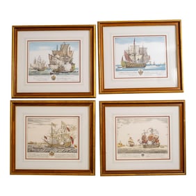 Set of 4 1940s English Tall Ship Colored Engravings