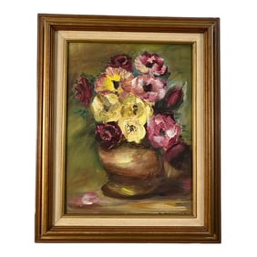 Vintage Floral Still Life Painting by M. DeHart – Mid-Century Oil on Canvas