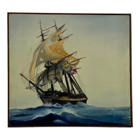 Vintage Nautical Oil Painting – Tall Ship at Sea, Signed R. Gross, 1975