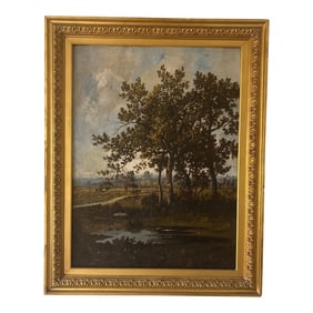 Leon Richet (French, 1847-1907) - Barbican Landscape With Pond and Trees, Oil on Canvas, 38" X 30.5"