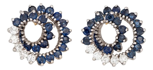 Diamond Sapphire Swirl Earrings Vintage 14k White Gold Round Stud Jewelry, A Pair