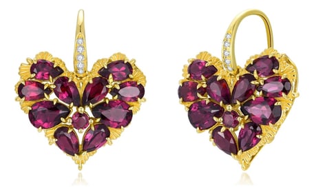 Nina Zhou Fantasy 6.45ctw Natural Heart Rhodolite Garnet & Diamond Drop Earrings in 14k Yellow Gold,