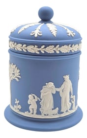 Wedgwood Blue Jasperware Small Canister Jar With Lid, Neoclassical English Stoneware