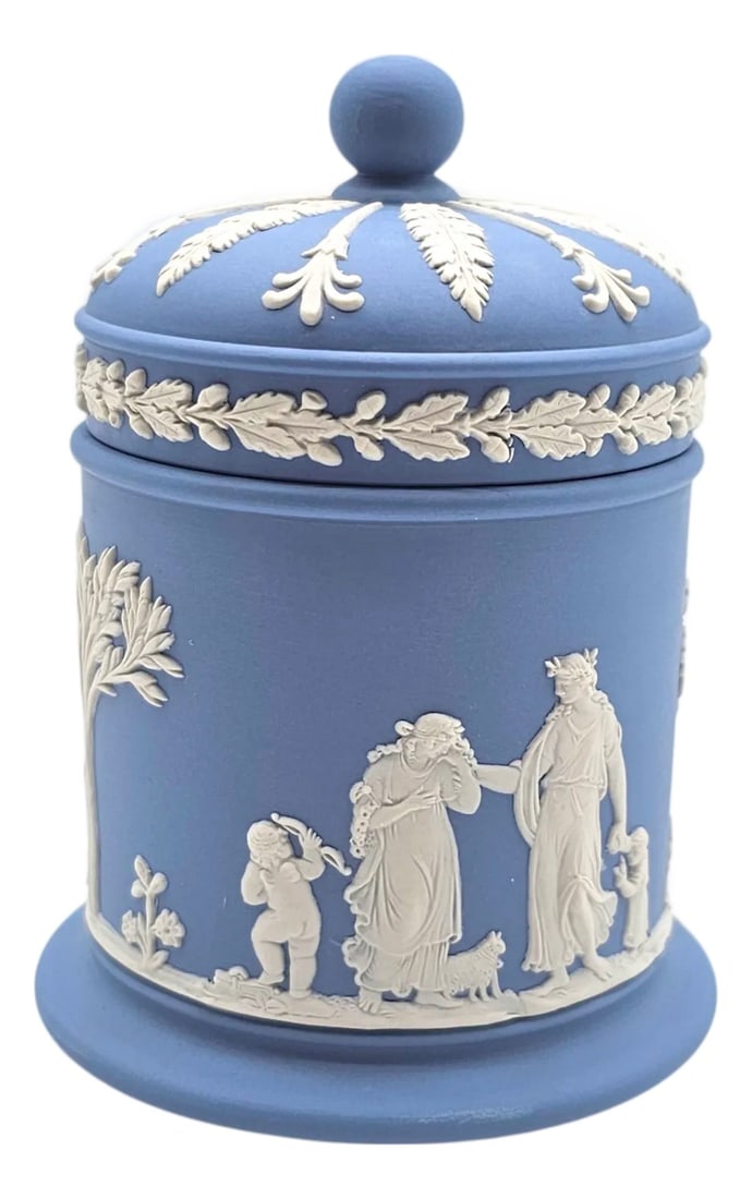 Wedgwood Blue Jasperware Small Canister Jar With Lid, Neoclassical English Stoneware (1 of 14)