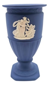 Wedgwood Jasperware Neoclassical Dark Blue Urn Vase With Relief Figures, England
