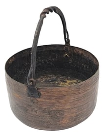 Antique Copper & Iron Hearth Cauldron With Twisted Wrought Iron Handle – 19th Century Hand