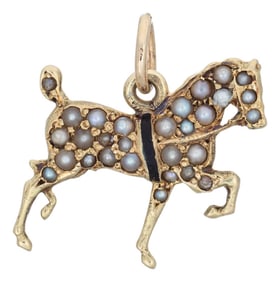 Antique Victorian Pave Pearl Horse Charm 14k Yellow Gold Animal Pendant Enamel