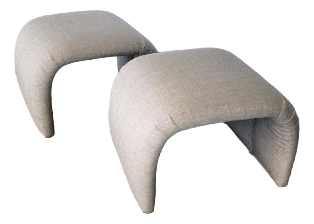 Postmodern Upholstered Waterfall Ottoman Bench Stool Pair Beige 26" (1 of 10)