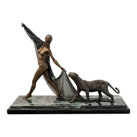 Erté-Inspired Bronze Nude With Panther on Marble Base