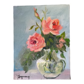 Vintage 1977 Original Oil Painting on Canvas – "Roses in Vase" by Flo Seymour
