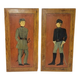 Pair of 1963 Folk Art Oil on Board Plaques – Civil War Cavalry Private & Army Volunteer,