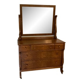 Antique Oak American Empire Waterfall Front Dresser With Mirror