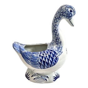 1990s Blue & White Patterned Ceramic Duck Cachepot Planter